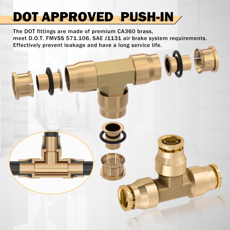 CheeMuii 43 PCS Brass DOT Air Brake Line Fittings 1/4"" 3/8"" 1/2"" Push to Connect Fittings Quick Connect & NPT Thread Tube Air Hose Fittings Repair Kit for Truck or Industrial Air System - Image 3